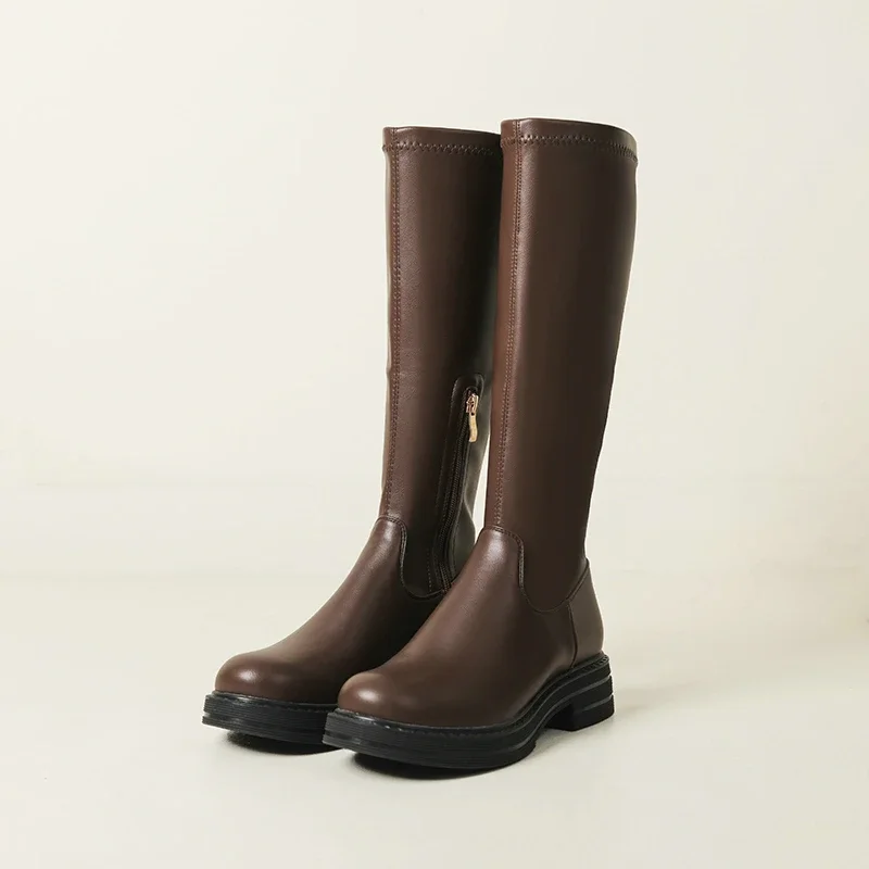 

Soft PU White Brown Round Toe Square Chunky Low Heels Stretch Boots Platform Zip Rubber Sole Brown Black Knee-high Botas Shoes