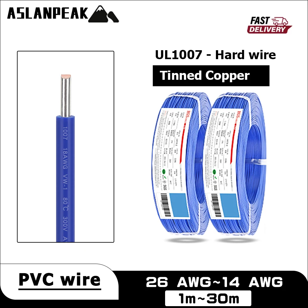 

Синий UL1007 26-14AWG 1-30 м, жесткий медный провод из ПВХ, медный кабель с твердым сердечником, электрический удлинитель 14, 16, 18, 20, 22, 24 26 AWG