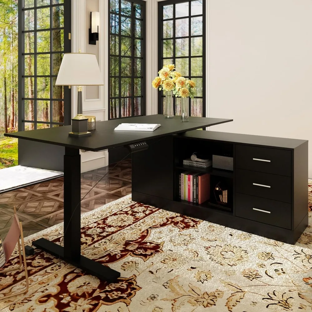 

Home Office L Shaped Electric Standing Desk with Drawers and Shelves, Height Adjustable & Shape Reversible Stand up Desk, 63" C