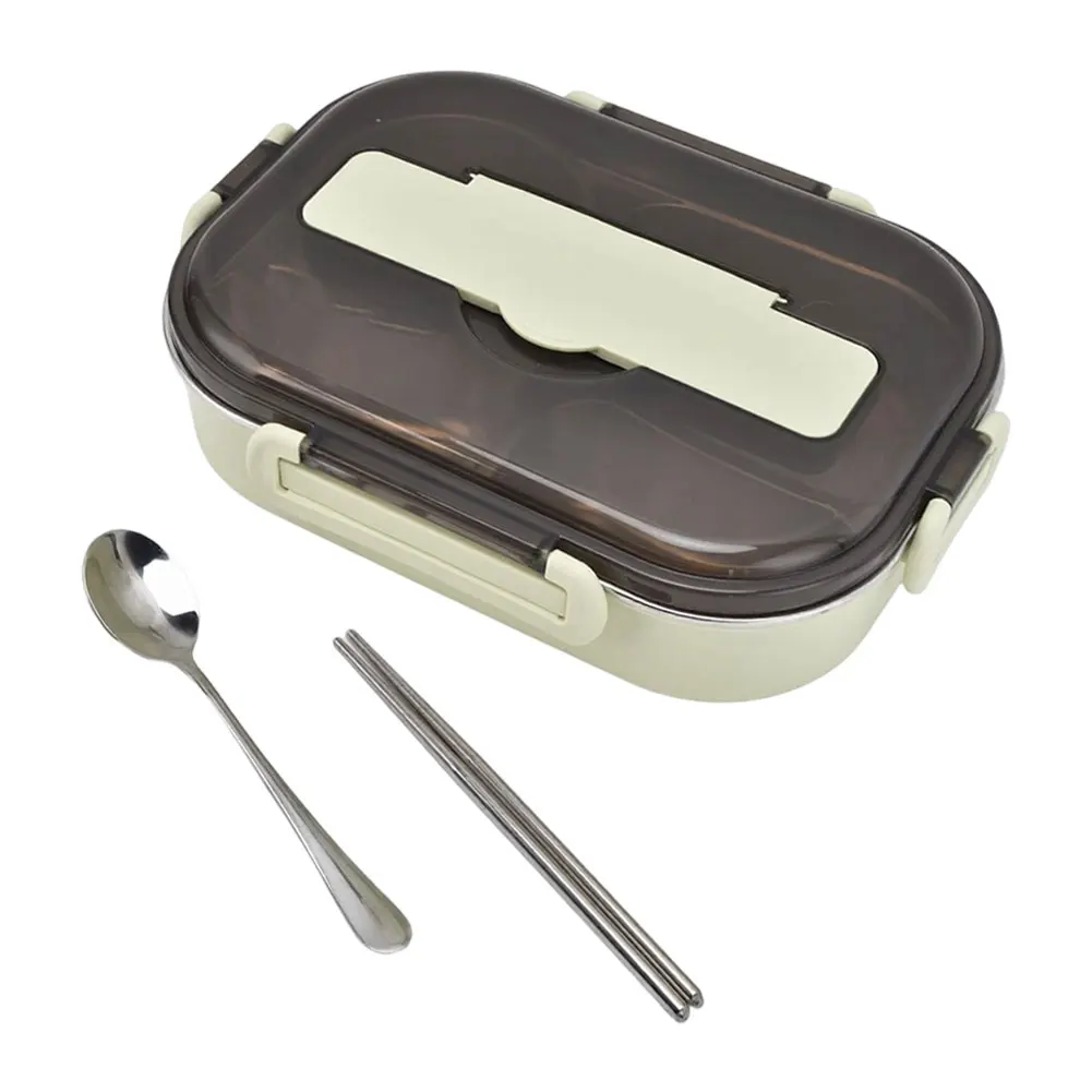 Four Section Food Storage Box with Utensils Compatible with Microwave Reheating and External Hot Water Warming