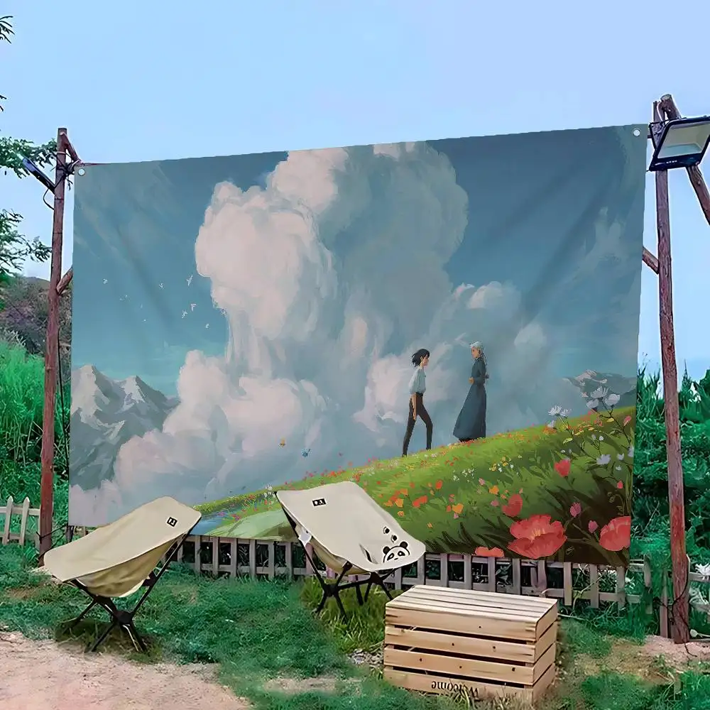 Japanese H-Howls M-Moving C-Castle Movie Cartoon Flag Art Science Fiction Room Home Decor Wall Hanging Home Decor Banner
