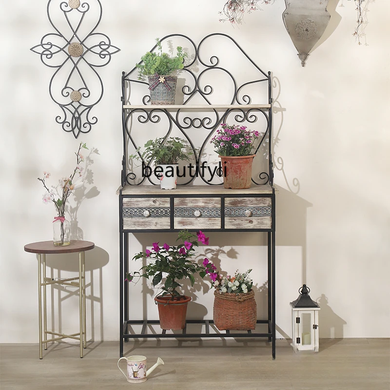 American Gardening Table Wrought Iron Solid Wood Flower Stand Villa Garden Flower Planting Console Retro Decoration Shelf