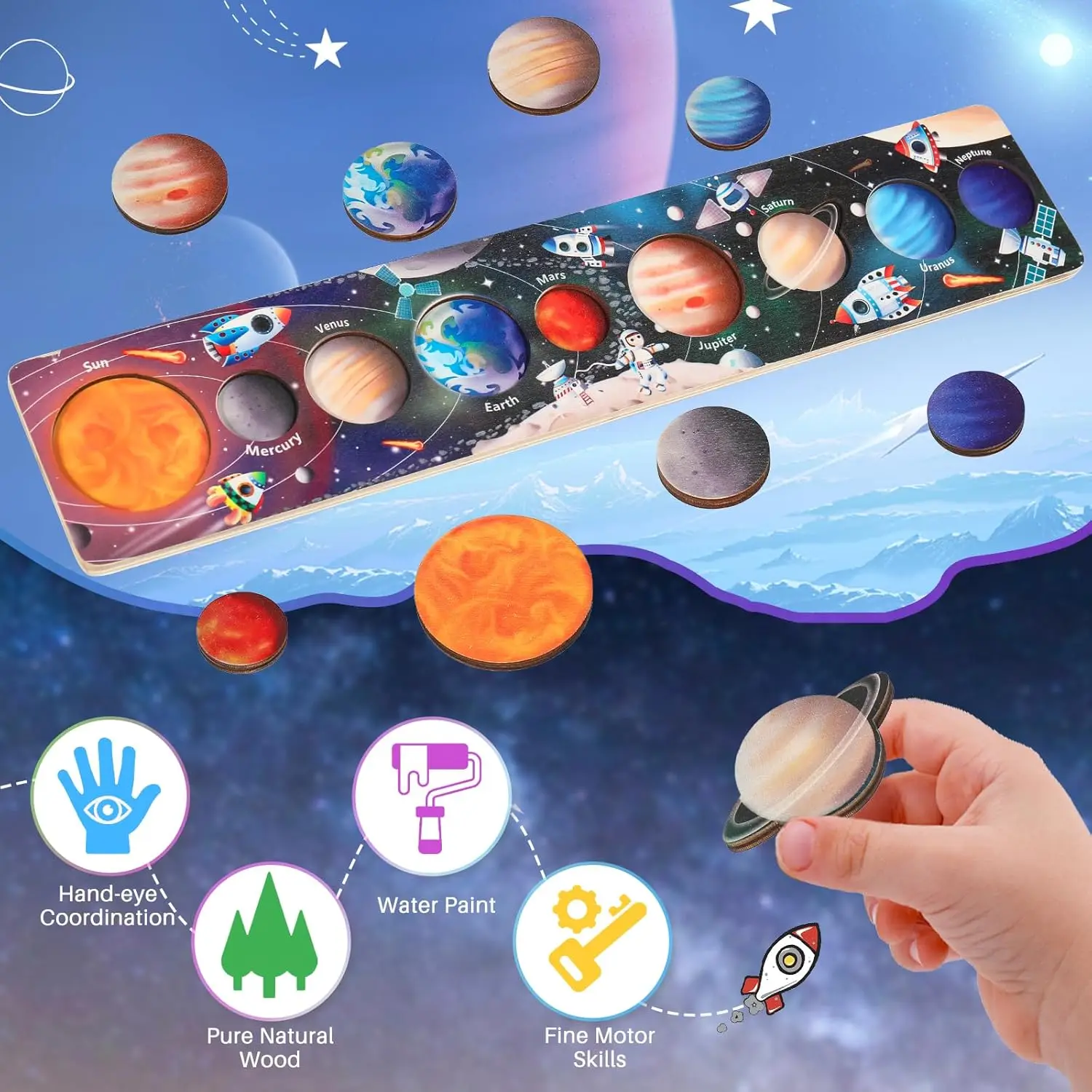 Rompecabezas de madera para niños, rompecabezas de planeta espacial, juguetes Montessori, juego a juego de planetas, bandeja de rompecabezas, universo, sistema Solar, juguete de aprendizaje de ciencia