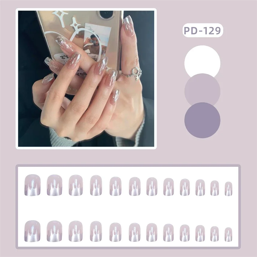 

24Pcs/Set Liquid Silver Flame Design Fake Nail Art Medium Long Artificial Round Head Wearing False Nails Removable Press on Nail