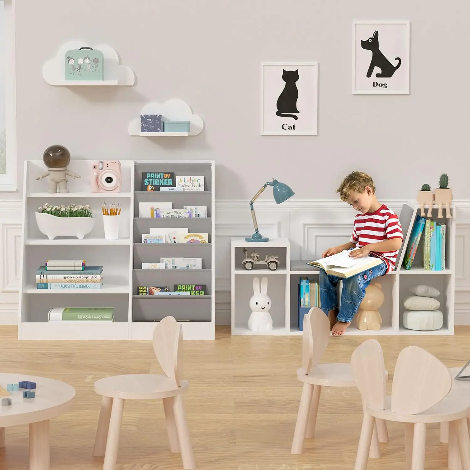HedoAjim 4 Tier Kids Wooden Bookshelf, 5 Layer Sling Toddler Bookcase,Baby Storage Book Rack,Book and Toy Organizer Cabinet,Chil