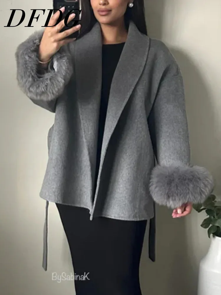 DFDG 2025 AW Women’s Maillard Belted Wool Cape Coat Double Faced Bathrobe Style Trench Pure Color Loose Elegant Overcoat
