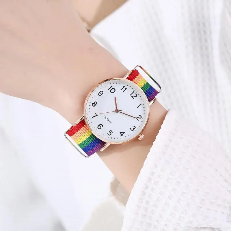 Fashion Gay Hot New Watch Rainbow Color Ultra-thin Canvas Strap 12 Digital Pointer Classic Simple Casual Student Men's Watches