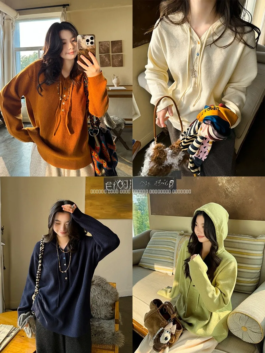 

Мягкий вязаный свитер-худи цвета макарон с пятью пуговицами, повседневный, приталенный, из смесового хлопка, шерсти и полиэстера