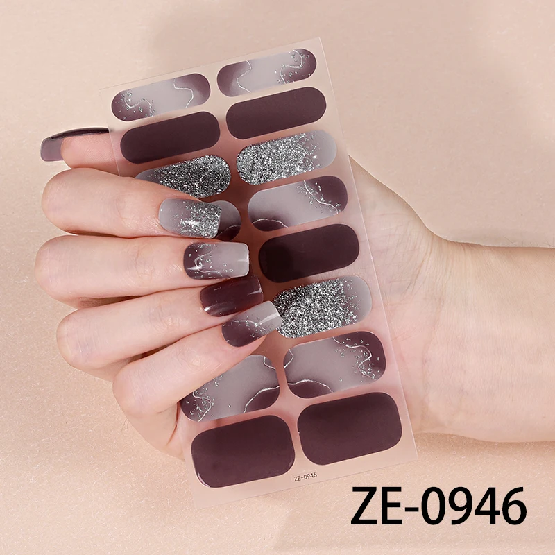 16Tips Purple Gradient Full Cover Nail Sticker Glitter Nail Polish Strips Long-Lasting Self Adhesive Manicure Art DIY Decoration