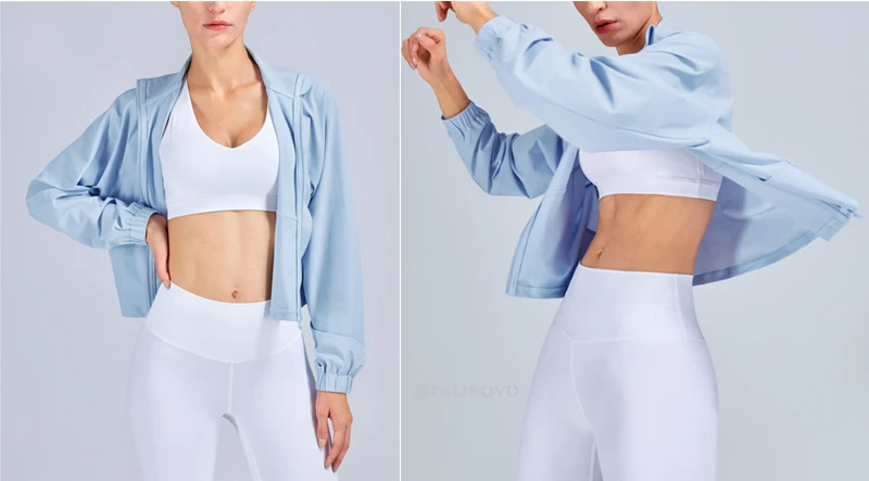 VITALINOVO Sportliche Trainingsjacke für Damen, UPF 50+, langärmelig, Sonnenschutz, leichte Hemden, kurze Jacken mit Reißverschluss, Laufen – Detail 10