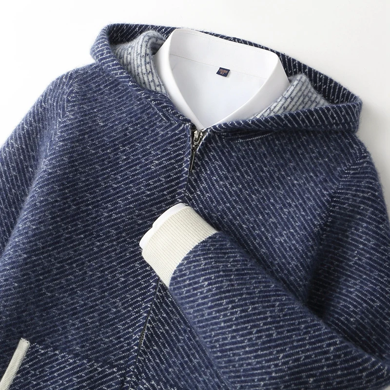 Fashion Sweaters Men's Pure Wool Cardigan Hoodie Jacquard Sweater Coat Zipper Up Knit Cardigans Thick Male Outerwear Hooded Top