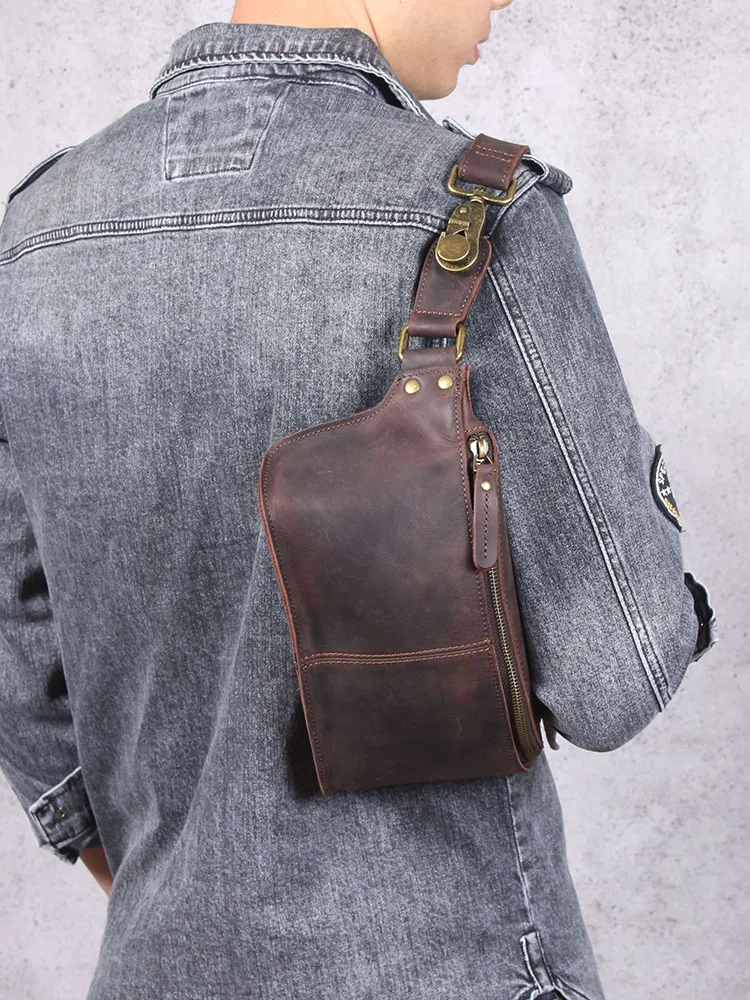 Hochwertige Brusttasche aus Vollnarbenleder für Herren, Vintage Echtleder Herren-Umhängetasche – Detail 5