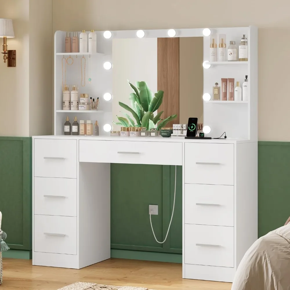 

Large Dressing Table with LED Lighted Mirror and Electrical Outlet, Makeup Vanity with 7 Drawers, 4 Shelves and 5 Hooks