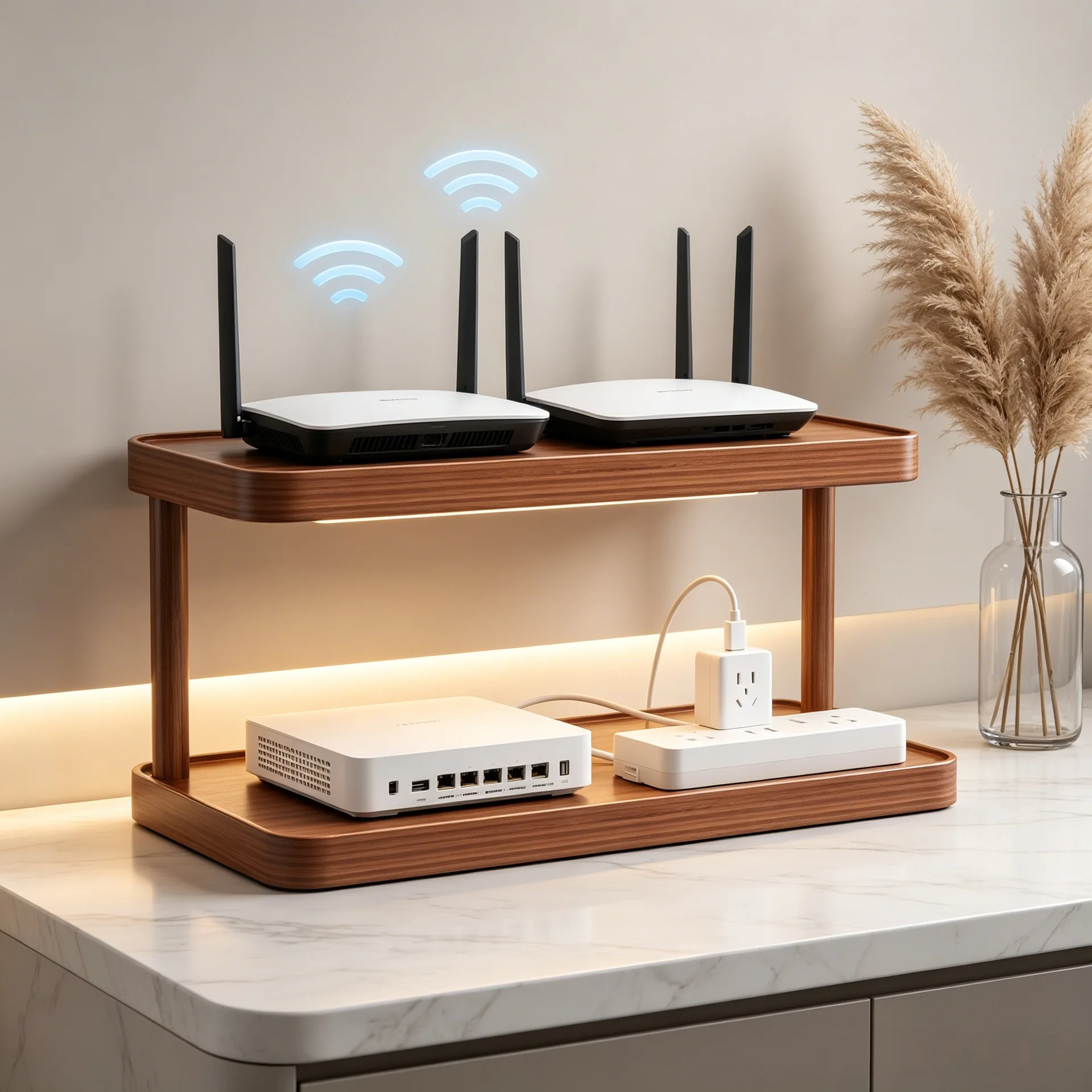 2-Tier Wood Router Storage Rack Desktop Shelf Organizer Stand for Modem Power Strip Cable Management Home Office Living Room