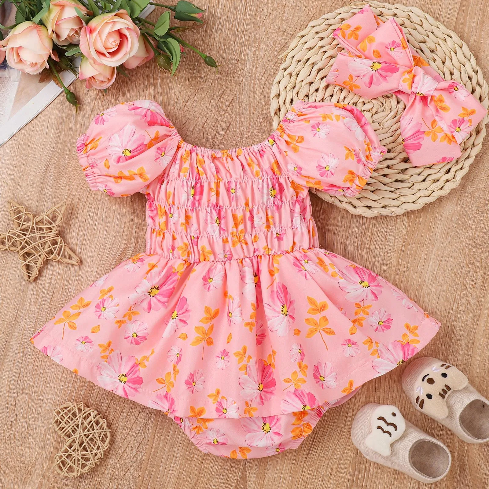 Infant Girls Bodysuits Short Sleeve Floral Printed Romper Newborn Bodysuits Headbands Set For Baby Youth Girls Leotard Jumpsuits