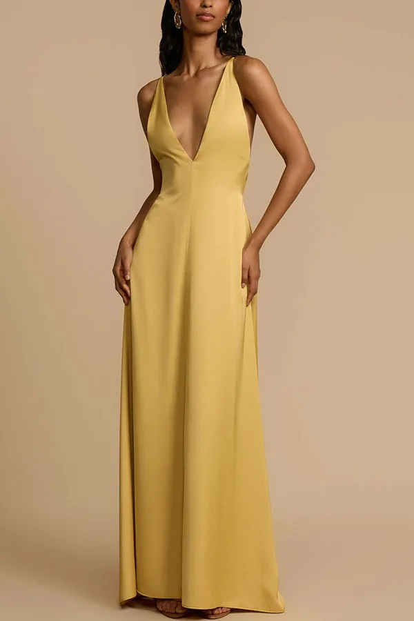 

Temperament Solid Color Sleeveless Party Dresses Women Fashion Sexy Deep V-neck Backless Long Dress Banquet Evening Vestidos