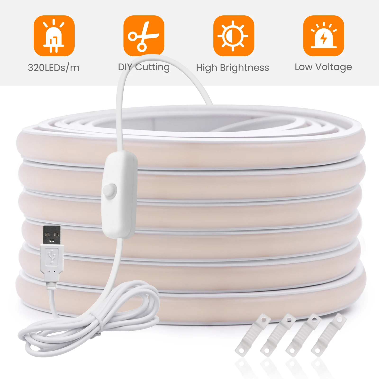 USB COB LED Strip Light with OFF ON Switch 5V 320LEDs/m Waterproof Ribbon Tape for Room Decor 3000K 4000K 6000K Neon Lights