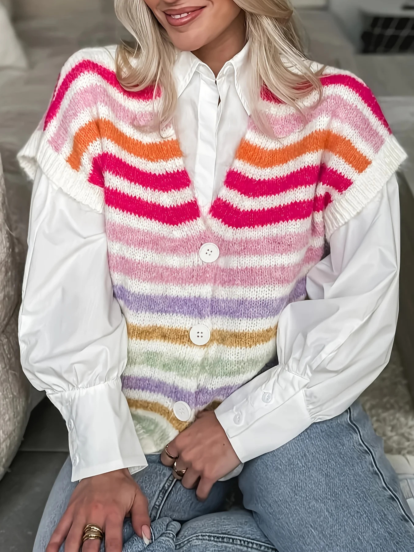 

Women's plus size color striped V-neck knitted short sleeved cardigan, trendy and casual spring/summer style