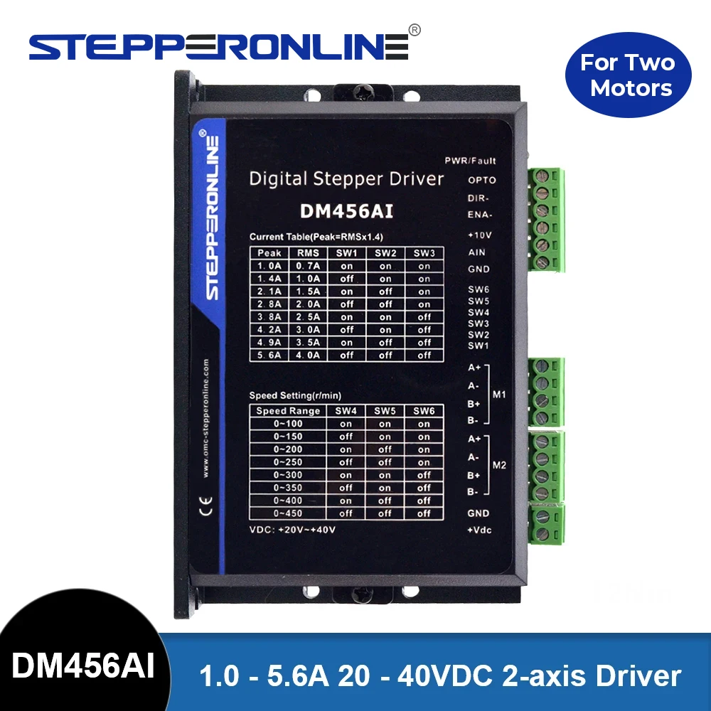 

STEPPERONLINE Stepper Motor Driver 1.0-5.6A 20-40VDC 2-axis Motor Controller for 2 PCS Nema 17/23 Stepper Motor