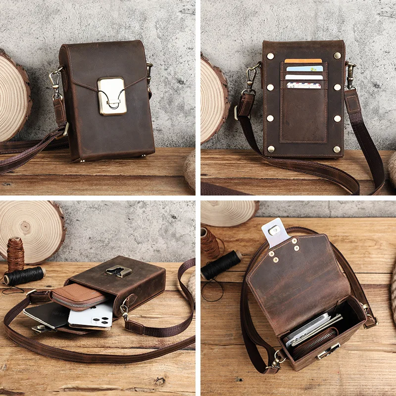 Retro Crazy Horse Leather Handmade Phone Bag Multifunctional Large Screen Shoulder Crossbody Pouch for Mobile Devices