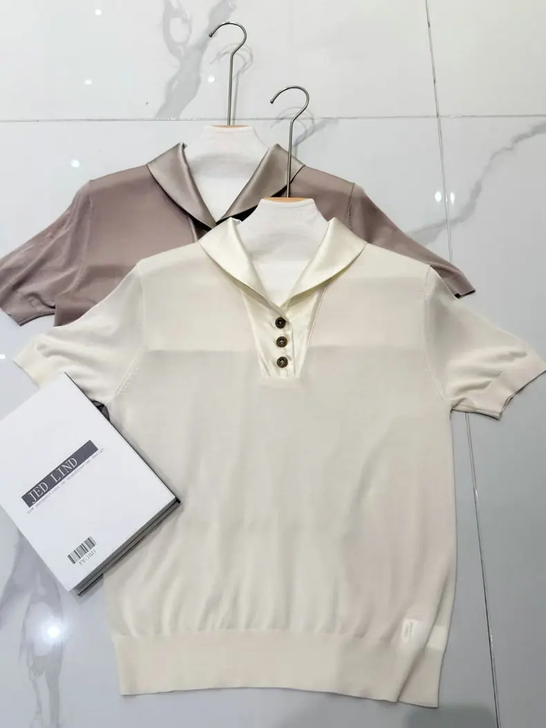 26 Spring Summer New Silk Collar Short Sleeve Knitted Shirt Women's Top