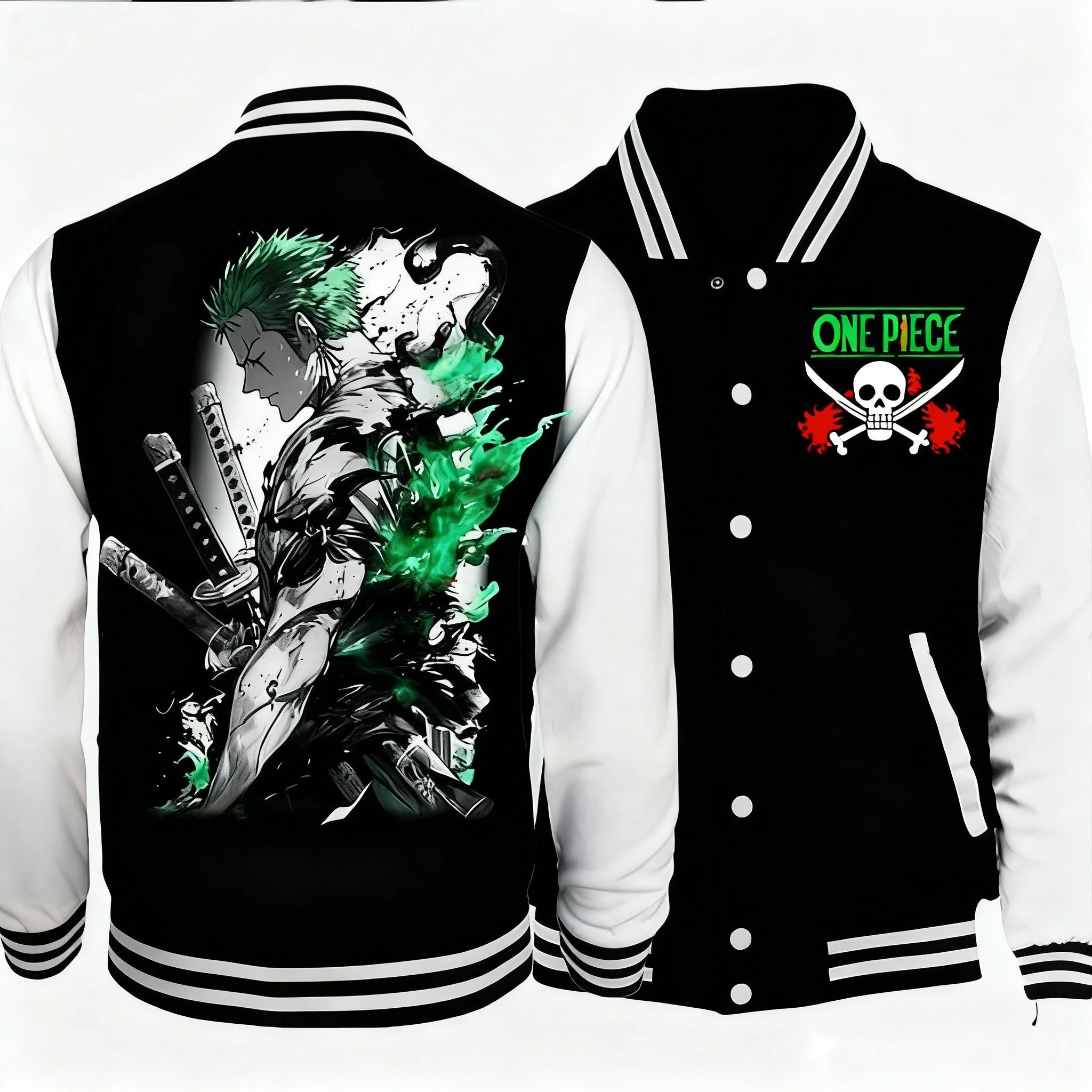 

Цельная бейсбольная куртка в стиле аниме с зелеными волосами, три меча, принт на спине, принт и череп, скрещенные кости, нагрудный логотип