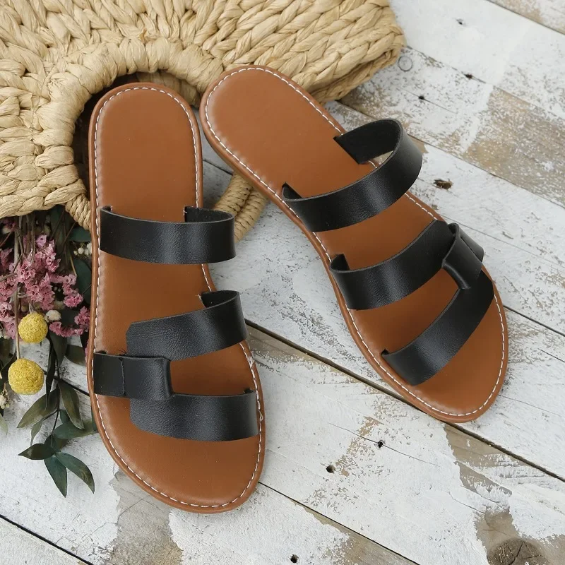 Summer Solid Color Flat Sandals Popula  Open Toe Outdoor Slippers Beach Women's Shoes Plus Size