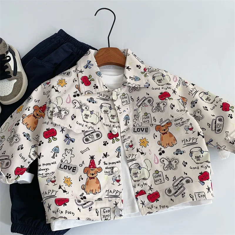 

JIAYAN 2025Children's Shirt 2025 Spring Autumn T-shirt For Kids Boys Cartoon Full Print Cute Dog Tops Toddler Blouse Baby Outfit