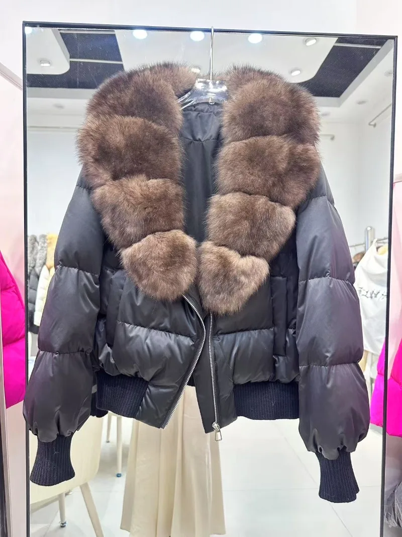 메니나 2025 신상 겨울 여성용 리얼 천연 여우털 칼라 화이트 덕다운 코트 여성용 두꺼운 따뜻한 숏 패딩 재킷 아우터