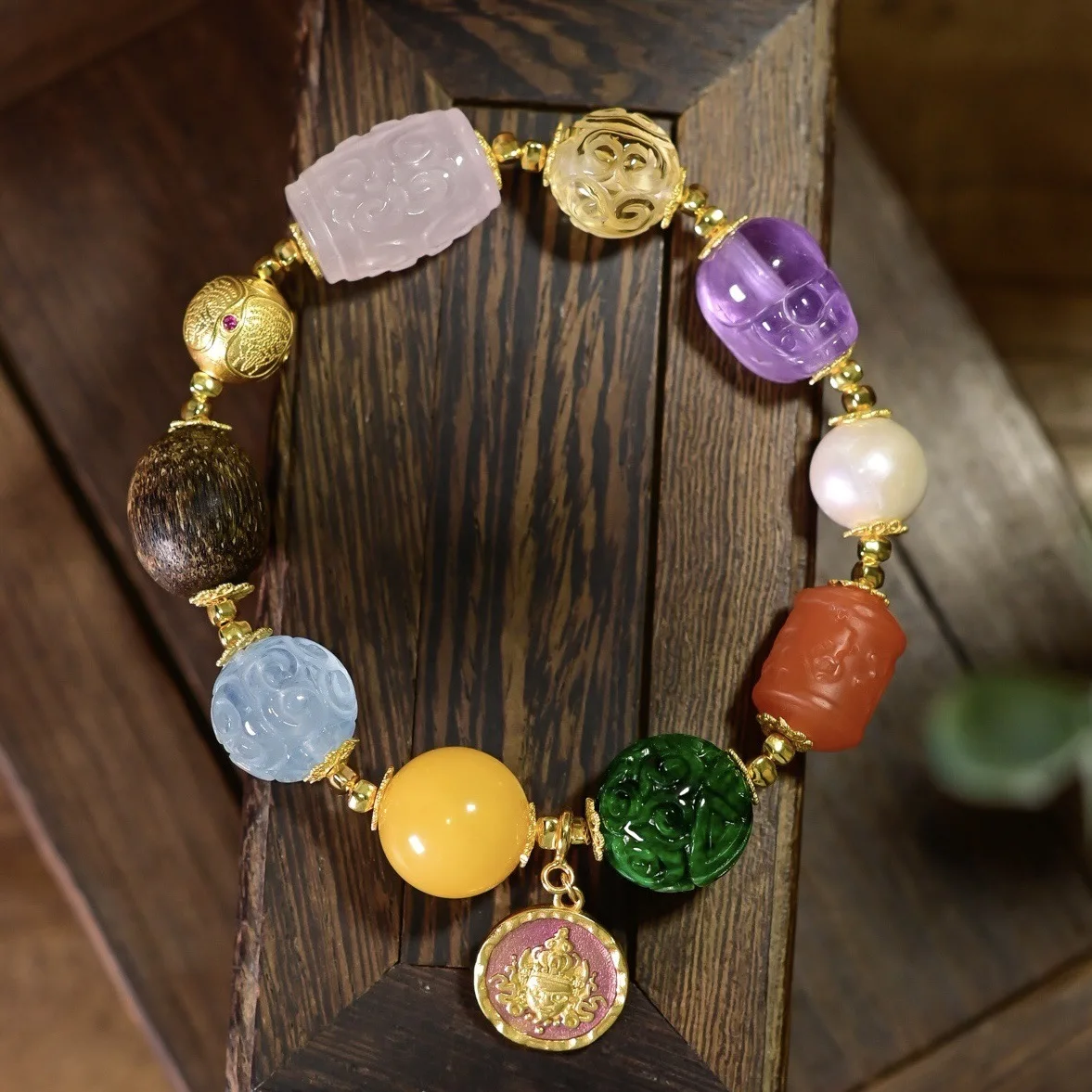 Natural Mixed Gemstone Bracelet, Jadeite Red Agate Amethyst Aquamarine Beeswax Wealth God Pendant Women Jewelry