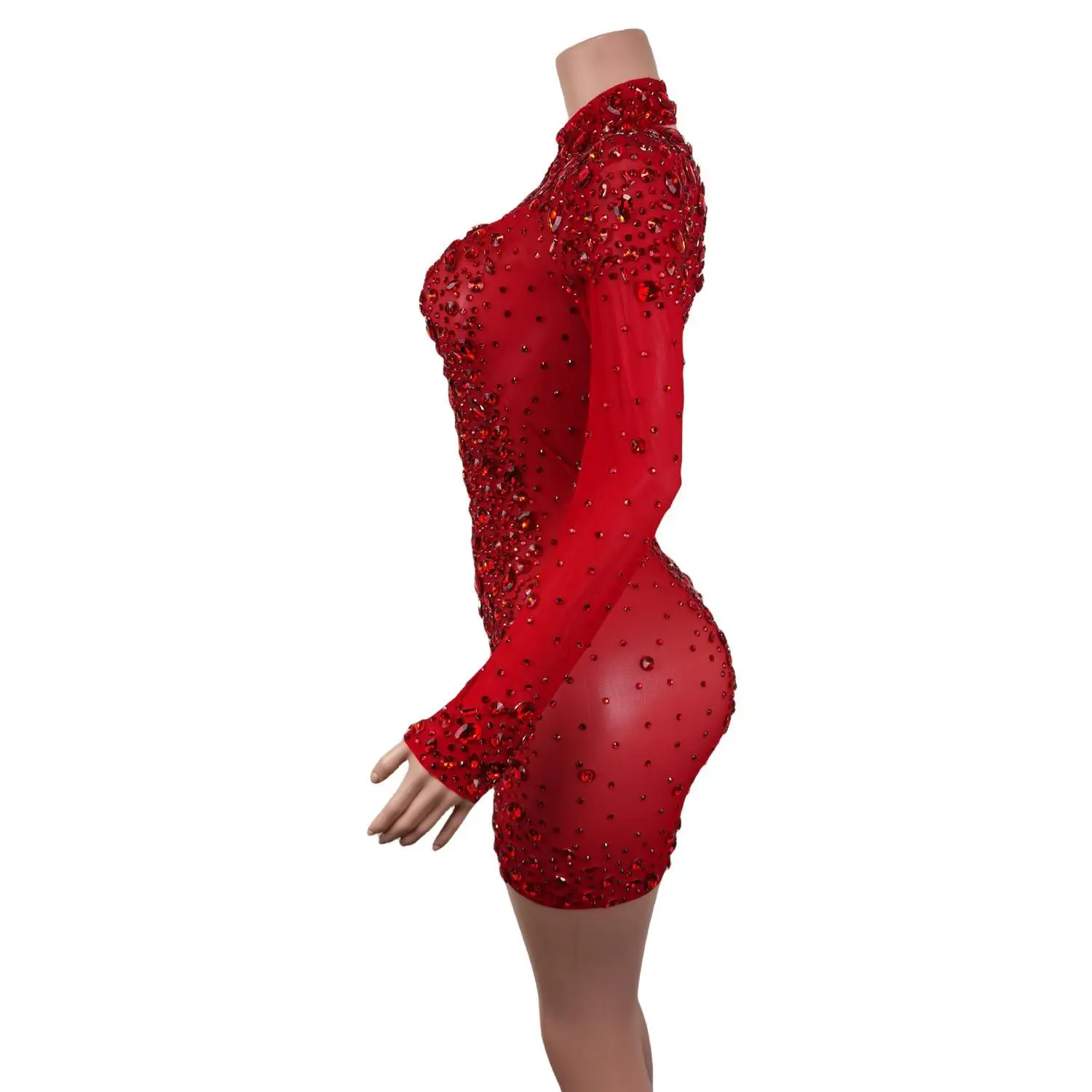 Red Rhinestones Mesh Dresses for Women Birthday Celebrate Evening Stretch Costume Sexy Stage Dance Performance Dress Cuixing