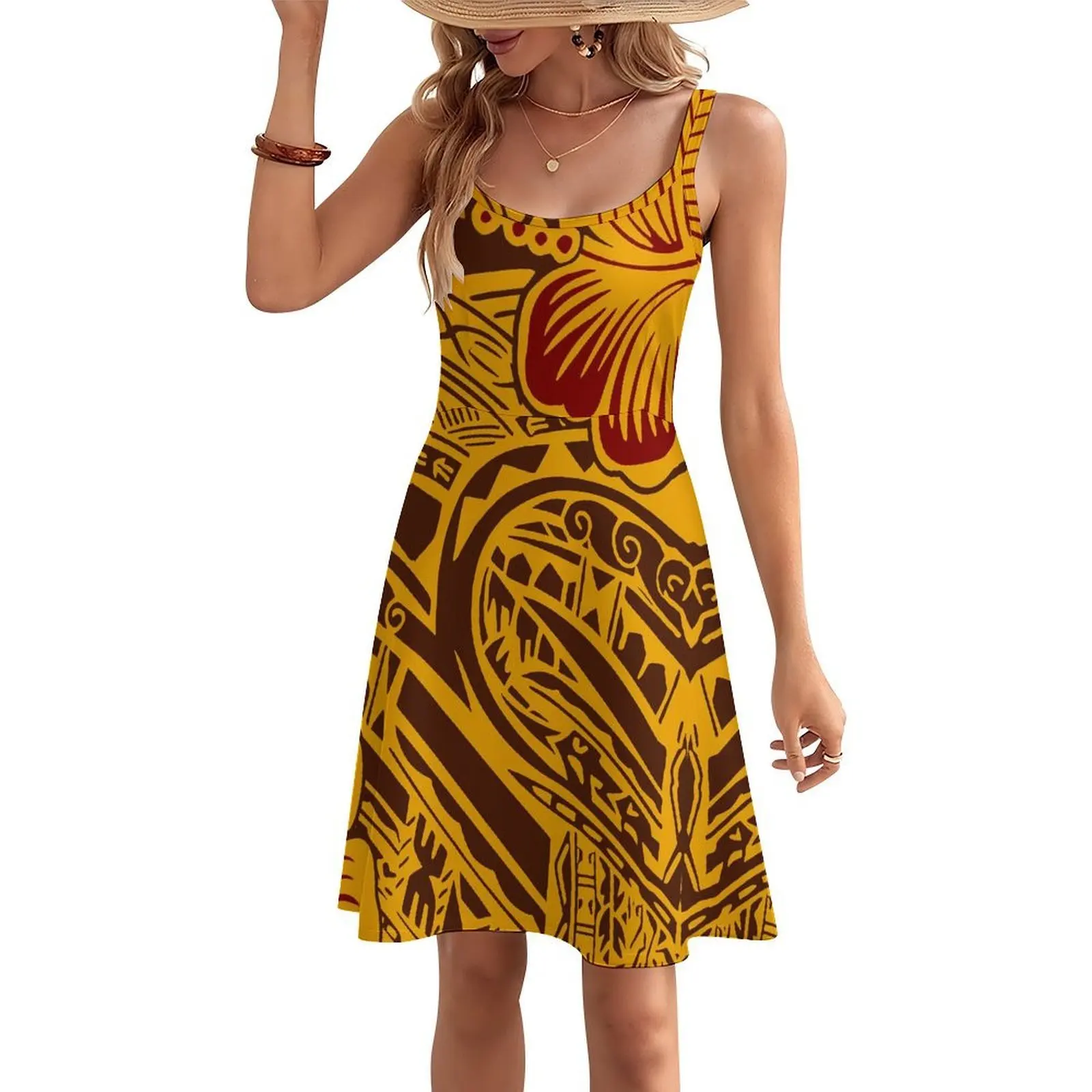 Floral Print Custom Pattern Printed Women'S Retro Halter Design Beach Dress Polynesian Style Casual Soft Fabric Beachwear