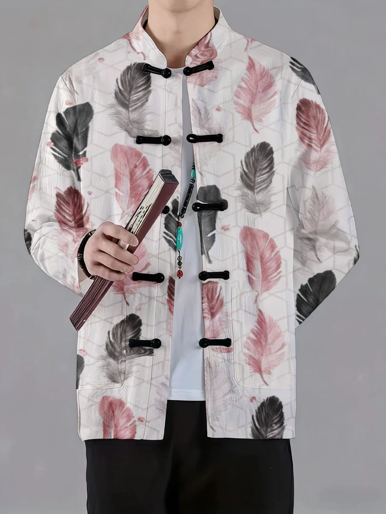 Men Mandarin Collar Frog Button Jacket Ethnic Block Feather Floral Patchwork Art Print Traditional Outerwear