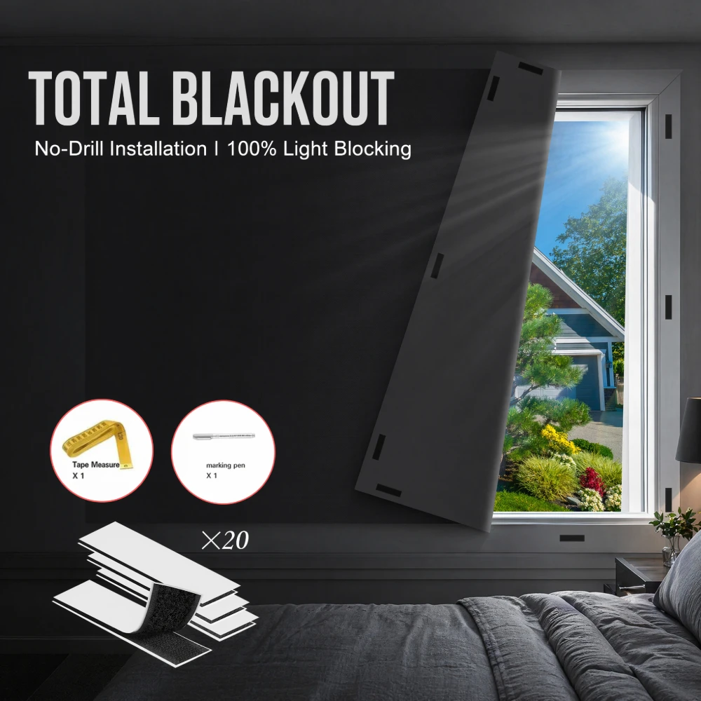 Cortina Blackout 95-98% DIY Portátil para Viagem, Película Removível para Janela com Bloqueio de Luz, Tecido Autoadesivo para Sombreamento de Janelas