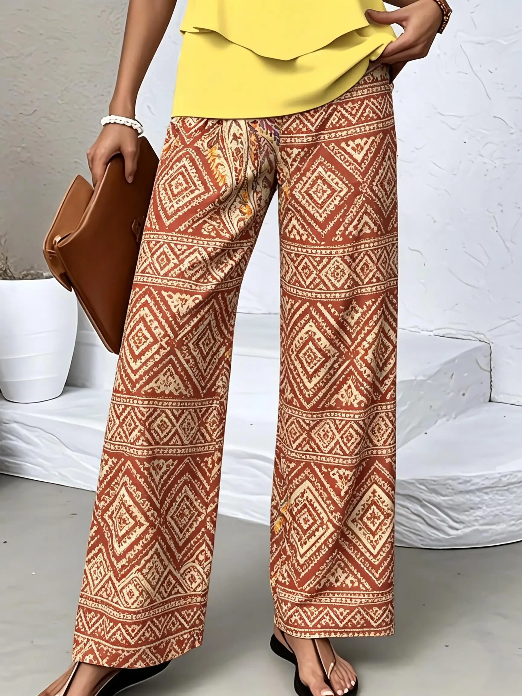 Women Boho Geometric Diamond Print Wide Leg Pants Elastic High Waist Thick Loose Palazzo Trousers Spring Autumn Casual