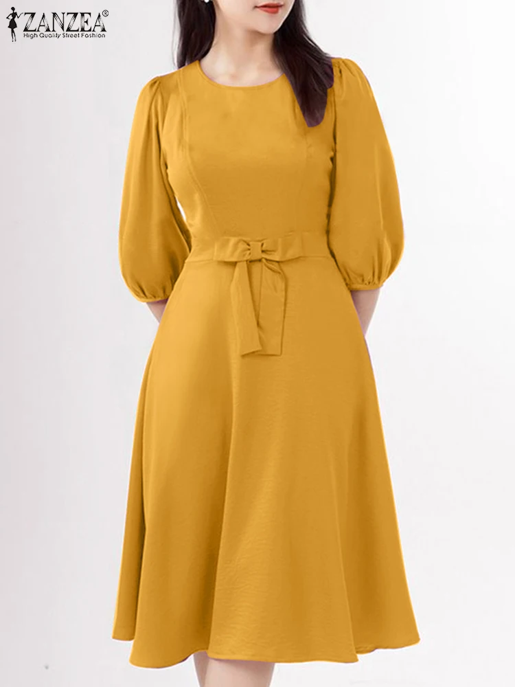 ZANZEA OネックハーフパフスリーブAラインローブファムエレガント2025ファッションソリッドフィットウエストベスティドスボウディテールウーマンミディドレス