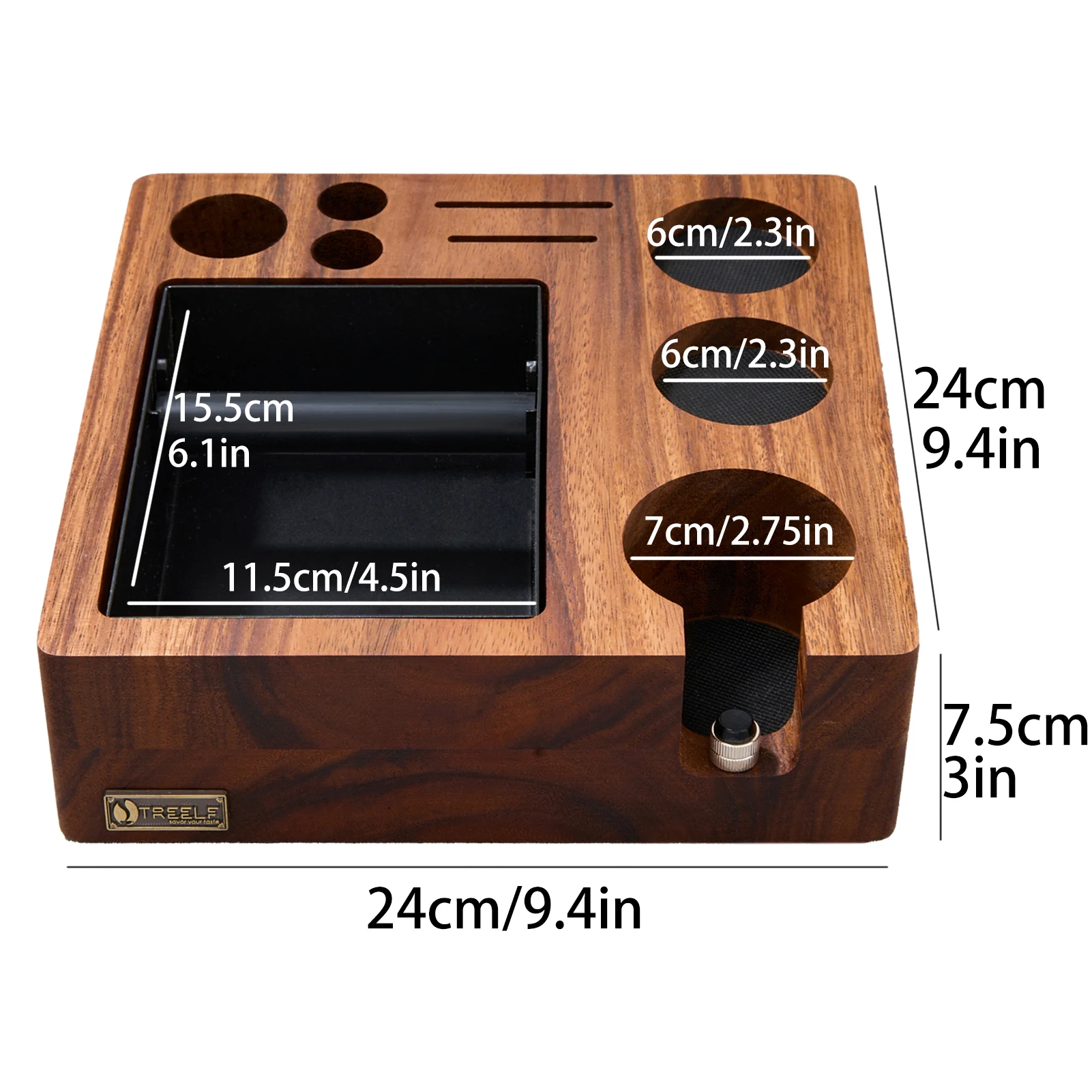 TREELF 3 IN 1 Espresso Knock Box and Tamping Station 51/54MM Espresso Coffee Anti-pressure Pad Stand Walnut Wooden Coffee Tool