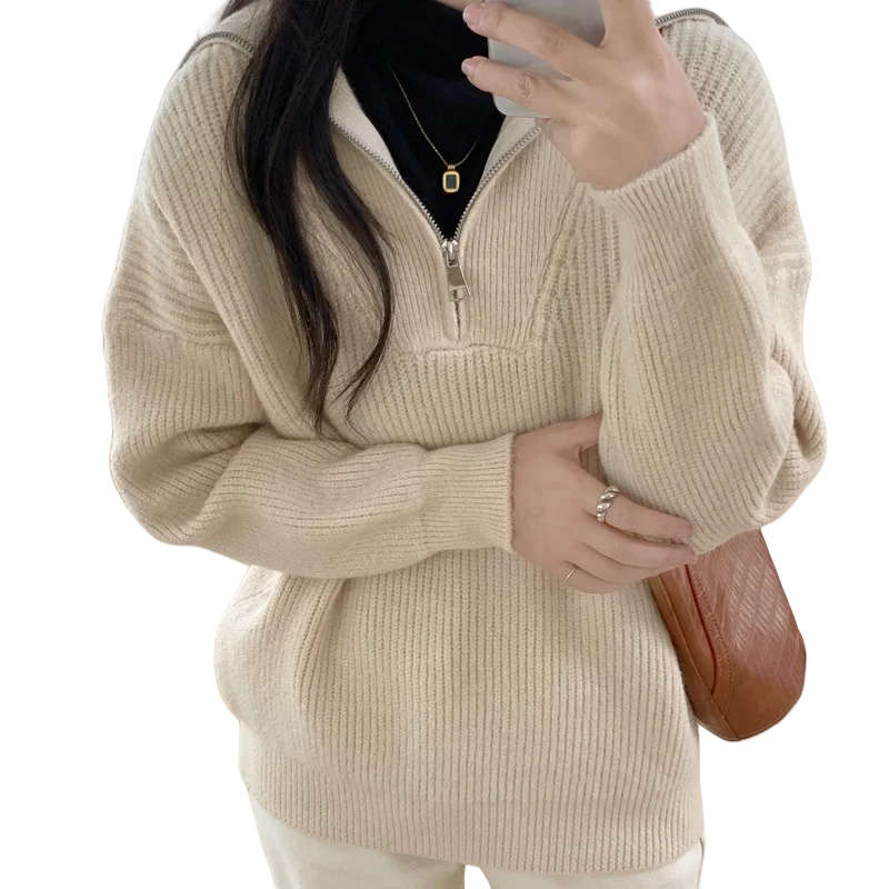 REALEFT Autunno Inverno Vintage Mezza Dolcevita Maglioni da donna allentati Manica lunga Cerniera Casual Pullover lavorato a maglia coreano Donna