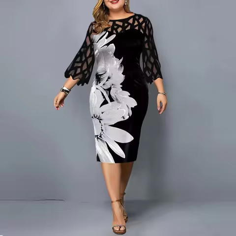 Plus Size Dress for Women Elegant Midi Dress 2023 Autumn Winter Fashion Slim Evening Party Dresses Black