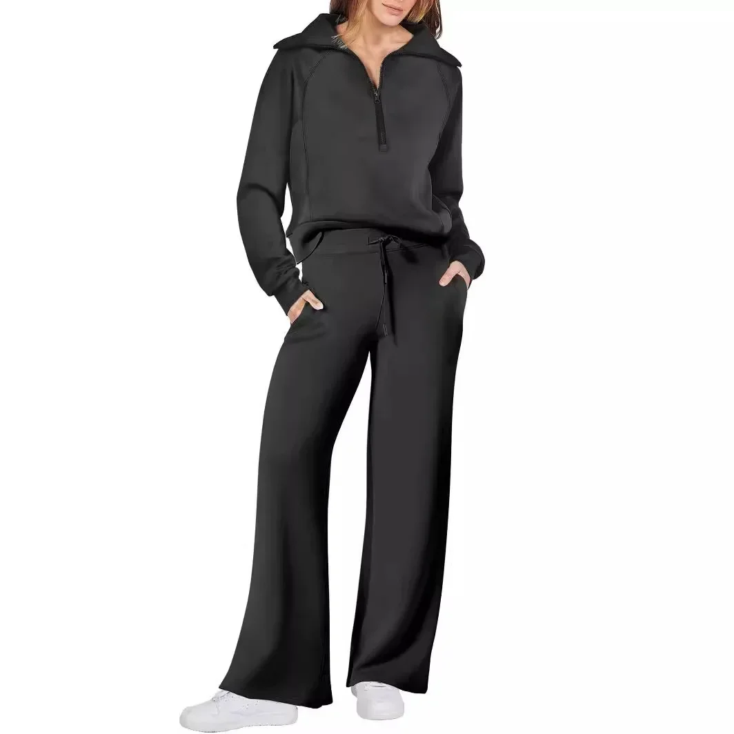 2026 Autumn/Winter Casual Wide-leg pants two-Set Long Sleeve Sweatshirt Bell Bottoms Sports Suit Zippered Tracksuit Amazon Style 3