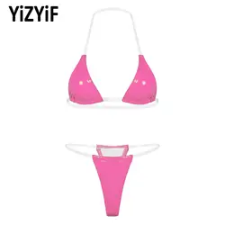 Womens 2 Pieces Triangle Bikini Set Metallic Faux Leather Halter Tops with Micro Thong Brazilian Extreme Swimwear Bathing Suit