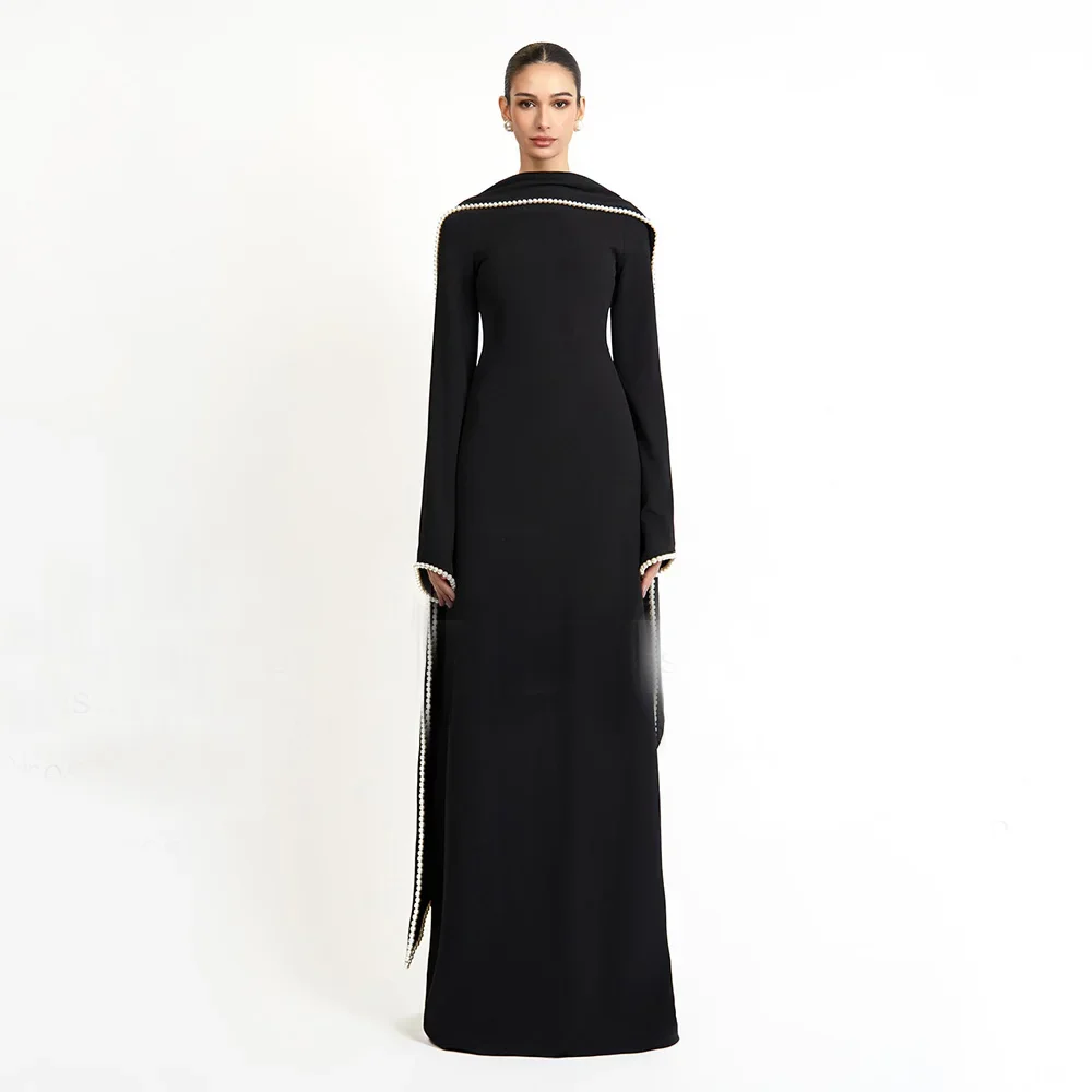 

FOLOBE Elegant Modest Black A-Line Pearls Long Sleeves O-Neck Evening Gowns Long Shawl Saudi For Wedding Party Dress Customized