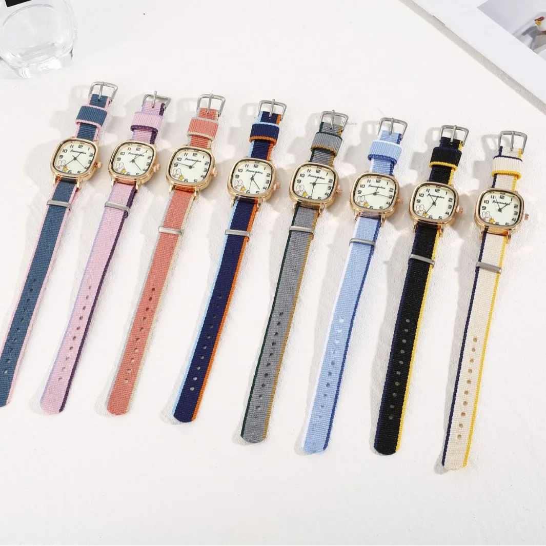 Retro Simple Rabbit Square Watch Strap Color Blocked Student Children's Watch Cute Star Pattern Dial Gift