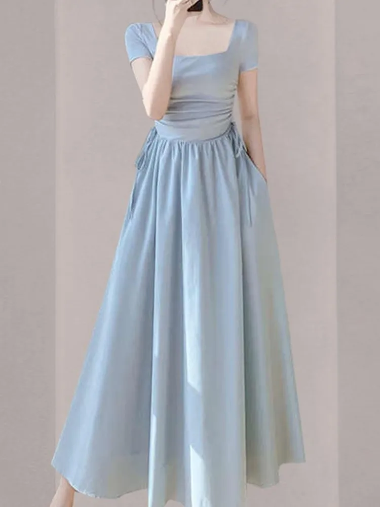 

New Elegant Summer Short Sleeve Vacation Dress For Women Square Neck Casual Solid Party Dresses Korean Chic Slim A-line Vestidos