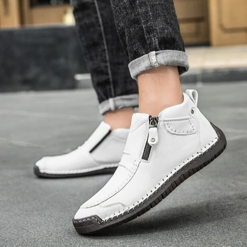 

Classic Handmade Leather Men's Shoes with Zipper Design Outdoor Sneakers Casual Flat Shoes Men Work Shoes Ankle Boots