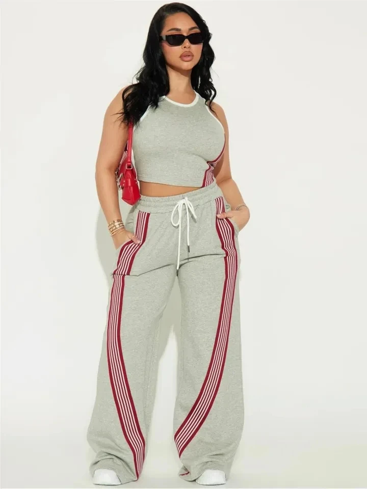 

2-piece Set Fashion Sleeveless T-shirts Striped Women's Long Pants Summer Casual Wide Striped Printed Wide-leg Sports Long Pants