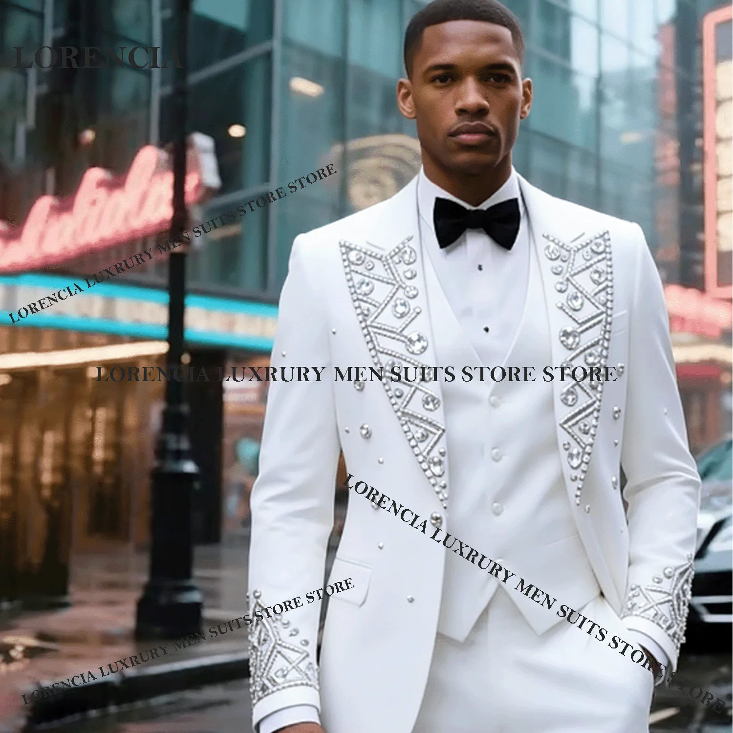 

Customized High End Gem Diamond Men Suits Luxury Rhinestone Birthday Tuxedos Slim Ropa hombre 3 Pieces Sets Groom Male Blazers