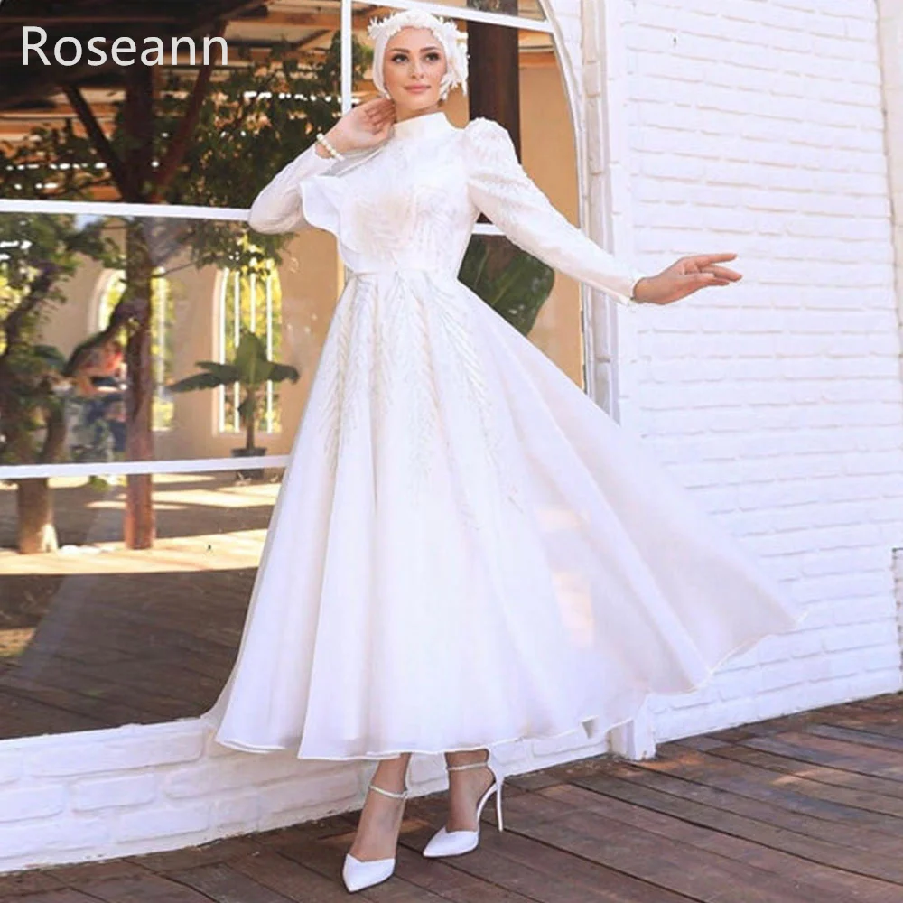 

Muslim Fashion A-line Wedding Dresses High Collar Flowers Lace New Design Anke Length Brideing Gown Satin Full robe de mariée