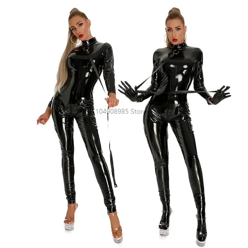 

Women Black Shiny Wetlook Latex Catsuit Stretch Faux Pu Leather Erotic Lingerie Bodysuit Sexy Bodycon Front Zipper Jumpsuits