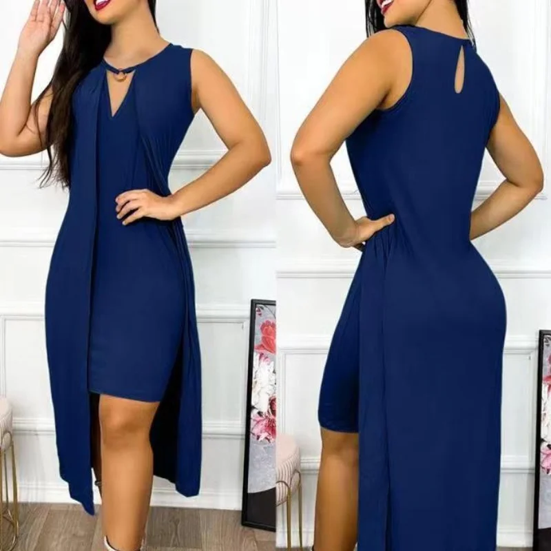 Jurken voor dames zomermode sleutelgathals mouwloos uitsparing O-ring decor split asymmetrische vrijetijdskleding